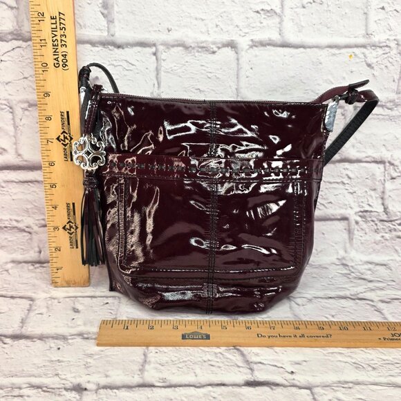 Brighton Women Tassel Shoulder Handbag Burgundy Black Cherry Patent Leather Zip - Picture 8 of 13